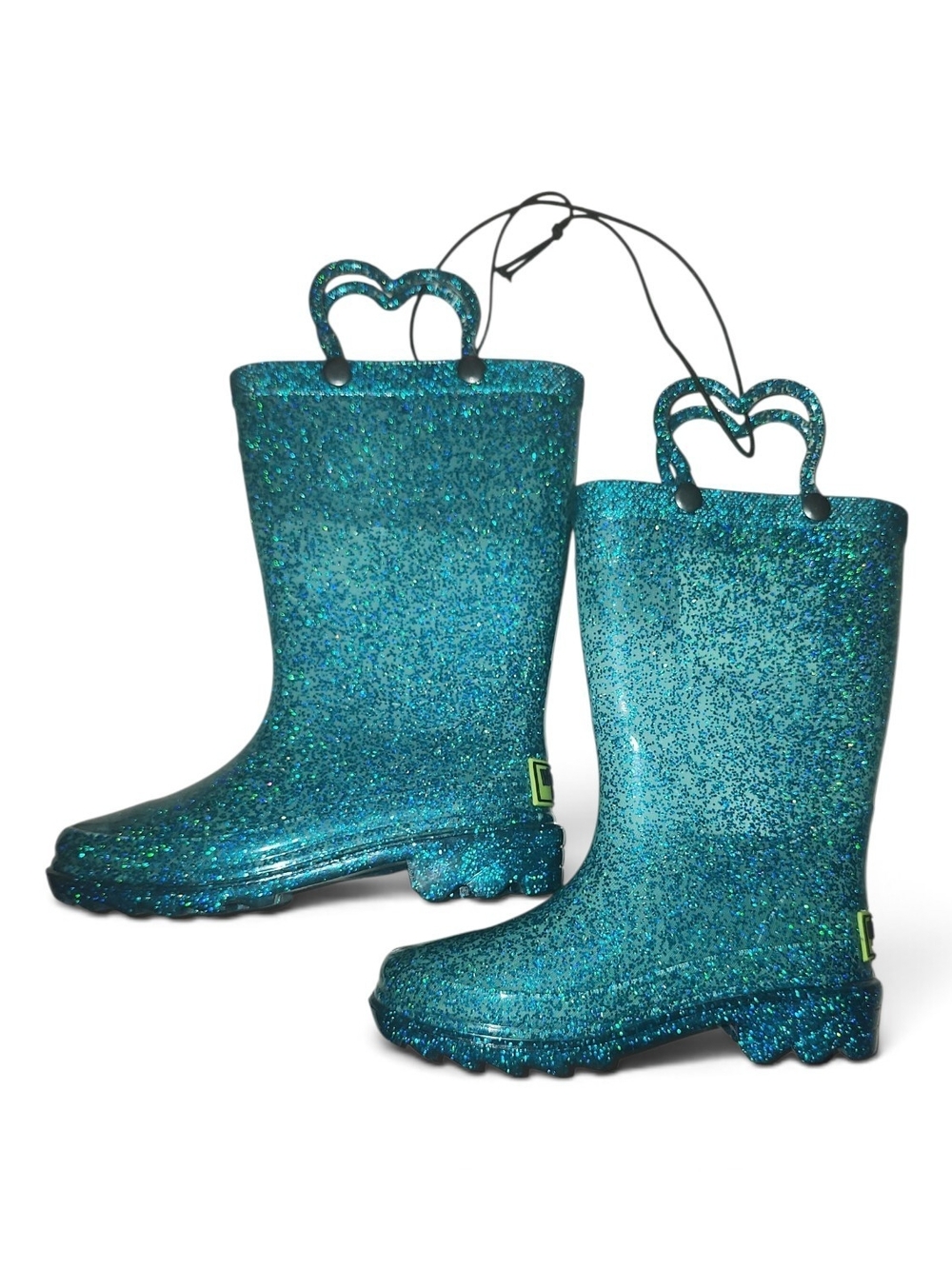 Western Chief Kids Teal Glitter Lights Heart-Handle Pull-On Rain Boots, US 8